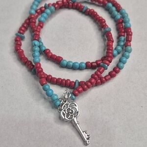 🎈Turquoise and Red Beaded Necklace with Silver Key Pendant